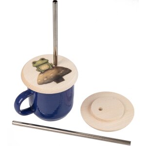 Wooden glass cover made of FSC® beech with stainless steel straw - with animal motif frog