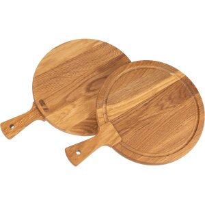 Round chopping board with juice groove and oiled oak handle - 34 x 24.5 x 2 cm