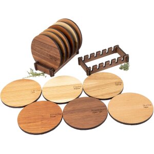 “Tree Species” Coaster Set with Felt Back & Stand – 6 Wood Types