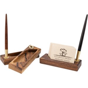 Business card holder with pen holder made of oiled walnut wood