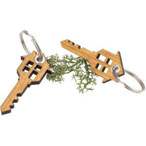 Key fob made of FSC® oiled oak in front door key shape