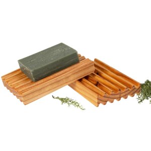 Larch wood soap holder set with olive natural soap with donkey milk - environmentally friendly bathroom accessories for nature lovers