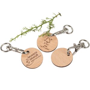 Einkaufswagenchip aus Buchenholz mit Karabiner- FSC® zertifiziert mit Ihrer Wunschgravur