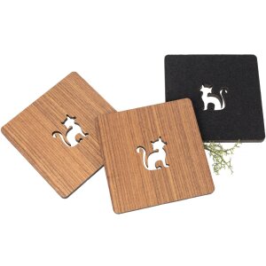 Nussbaumholz-Untersetzer mit Filzrücken und Laser Ausschnitt Katze