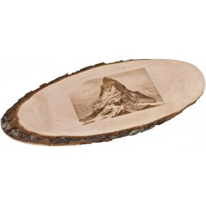 Baumscheibe oval aus FSC® Erle mit Gravur 27–32 cm – Fotogravur