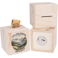 Holz Spardose Würfel 10 cm mit Metallschloss mit Ihrem Digitaldruck individualisiert
