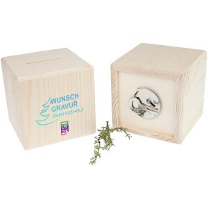 Holz Spardose Würfel 10 cm mit Metallschloss mit Ihrem Digitaldruck individualisiert bis 20 cm²