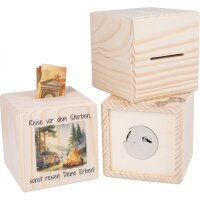 Holz Spardose Würfel 10 cm mit Metallschloss mit Ihrem Digitaldruck individualisiert bis 20 cm²