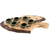 Schnapsbrett / Griffbrett aus Erle mit Rinde lackiert mit 6 Schnapspfannen - L: 36-41 cm