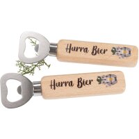 Flaschenöffner aus FSC® Buche mit Druck: Hurra Bier