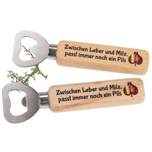 Flaschenöffner aus FSC® Buche mit Druck: Zwischen Leber und Milz