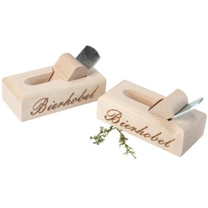 Maple wood bottle opener in the shape of a plane with "Bierhobel" print