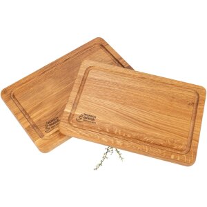Schneidebrett mit Saftrille aus Eiche geölt - 30 x 20 x 2 cm mit Branding individualisiert