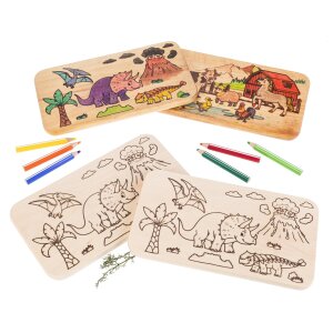 Frühstücksbrett Kinder FSC® Erle 22,5 x 12,5 cm - Dino Land mit Dinosauriern ausmalbar