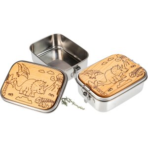 Edelstahl Lunchbox mit FSC® Kirsche geölt Schneidebrett "Dino Landschaft"