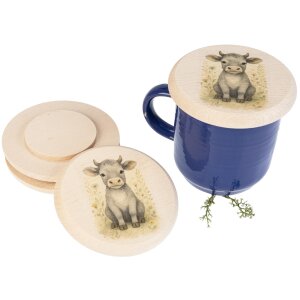 Wooden Glass Cover FSC® Beech – Kids Cow Design – Ø 10 cm