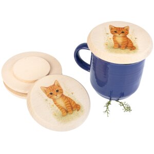 Holz Glasabdeckung aus FSC® Buche für Kinder mit buntem Tiermotiv Katze