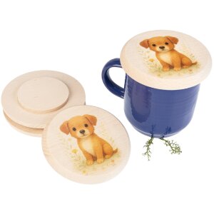 Holz Glasabdeckung FSC® Buche – Kinder Motiv Hund – Ø 10 cm