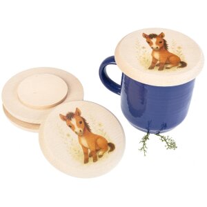 Holz Glasabdeckung aus FSC® Buche für Kinder mit buntem Tiermotiv Pferd