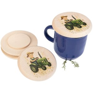 Holz Glasabdeckung FSC® Buche – Kinder Motiv Traktor – Ø 10 cm