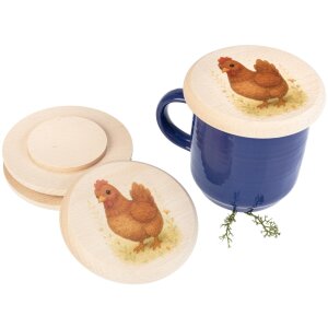 Holz Glasabdeckung FSC® Buche – Kinder Motiv Huhn – Ø 10 cm