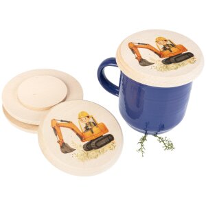 Wooden Glass Cover FSC® Beech – Kids Excavator Design – Ø 10 cm