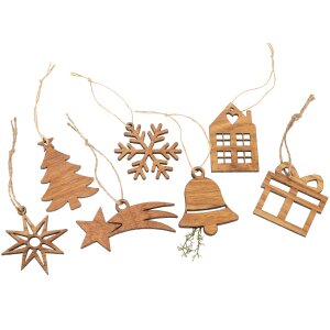 Weihnachtsbaumschmuck Set 7-tlg. aus Eiche geölt mit Hanfkordel