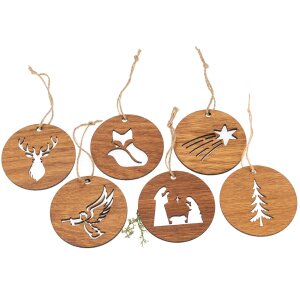 Weihnachtsbaumschmuck Eiche – 6-teiliges Rundornament-Set mit Hanfkordel