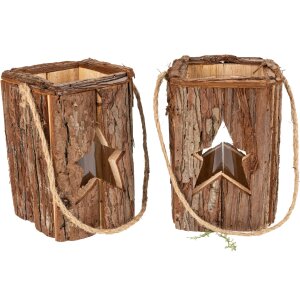 Rustic wooden lantern with bark and glass cylinder - cut-out star 18x12 cm
