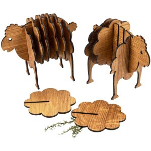 Sheep Coaster Set with Stand – Oiled Oak Wood