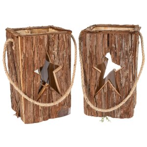 Rustic wooden lantern with bark and glass cylinder - cut-out star 27x16 cm