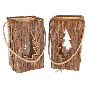 Rustic wooden lantern with bark and glass cylinder - cut-out fir tree 27x16 cm