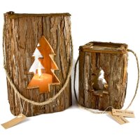 Rustic wooden lantern with bark and glass cylinder - cut-out fir tree 27x16 cm