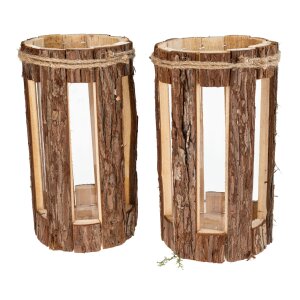 Rustikale Holz Laterne mit Rinde und Glaszylinder - Ausschnitt Rund 27x16 cm