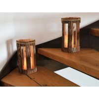Rustikale Holz Laterne mit Rinde und Glaszylinder - Ausschnitt Rund 27x16 cm