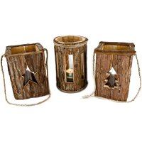 Rustikale Holz Laterne mit Rinde und Glaszylinder - Ausschnitt Rund 27x16 cm
