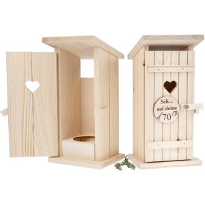 Wooden toilet house with space for a bottle of schnapps - with die-cut - engraving: "Sch... on your 70"