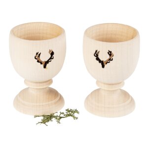 Wooden egg cup turned from maple with antler design