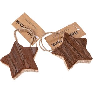 Christmas ornament with bark - star design - 6 x 6 cm, wooden tree decoration