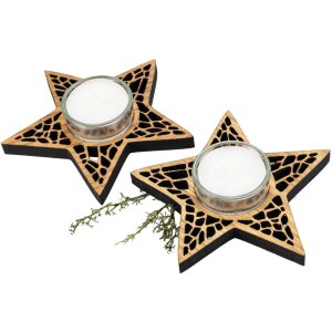 Alder wood tealight holder in star shape with glass and tealight - Christmas decoration honeycomb