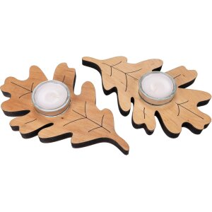 Teelichthalter in Eichen Blatt Form aus Erlenholz mit Teelicht und Glas - Herbstdeko