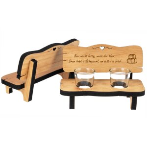 Holz Schnapsbank geölt mit 2 Schnapsgläser - Bier macht lustig, weise der Wein. Drum trink a Schnapserl, um beides zu sein!