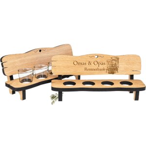 Oiled wooden schnapps bench with 4 schnapps glasses - Grandpa`s and Grandma`s pensioner`s bench