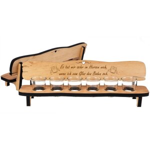 Wooden schnapps bench made of oiled alder with 6 schnapps glasses It hurts my heart when I see the bottom of the glass.