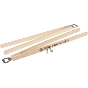 Barbecue tongs / sausage tongs with bottle opener and funny sayings - mens tool