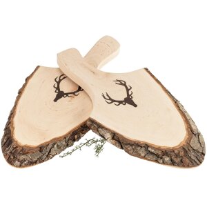 Servierbrett mit Griff & Rinde aus FSC® Erlenholz ca. 32 - 36 cm - Geweih Branding