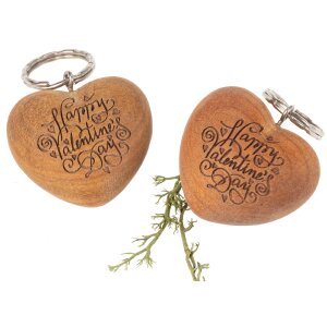 Oiled cherry wood heart key ring - Happy Valentines Day