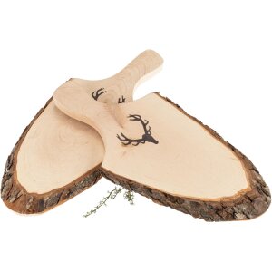 Servierbrett mit Griff & Rinde aus FSC® Erlenholz ca. 36 - 42 cm Geweih Branding