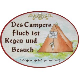 Holz Spruchschilder bunt bedruckt 18 x 13 cm - Des Campers Fluch ist Regen und Besuch (Regen geht ja noch!)