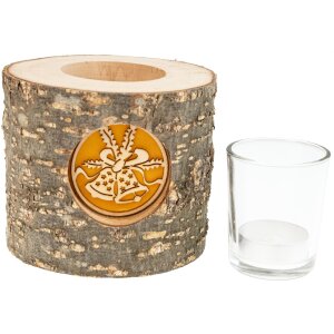 Holz-Windlicht mit Rinde und hinterleuchteten Motiv - Stimmungsleuchter Glocken